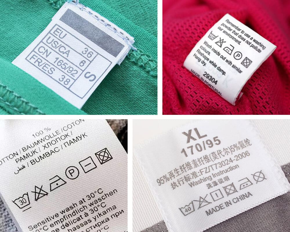 Printed garment care and wash label with small text and symbols