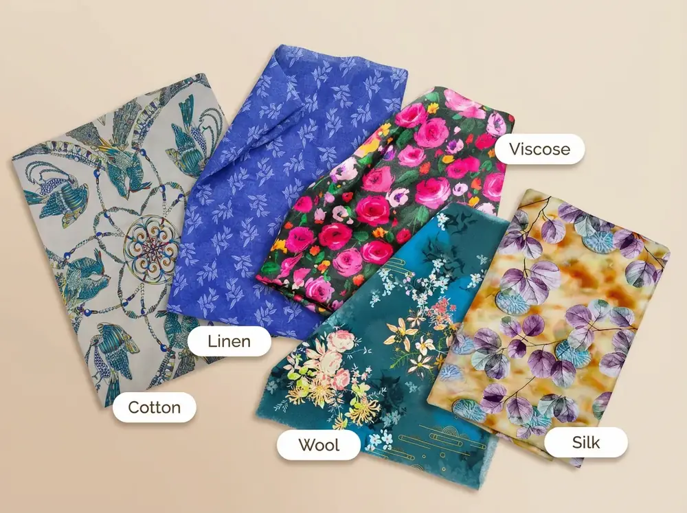 Printed cotton, linen, viscose, wool and silk swatches labelled by fibre type