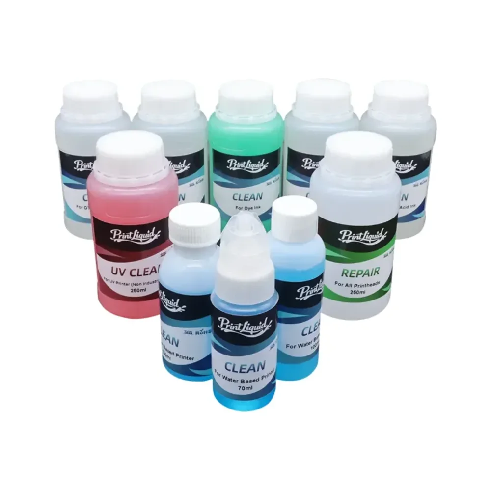The Print Liquid CLEAN range of printhead cleaning solutions in white bottles