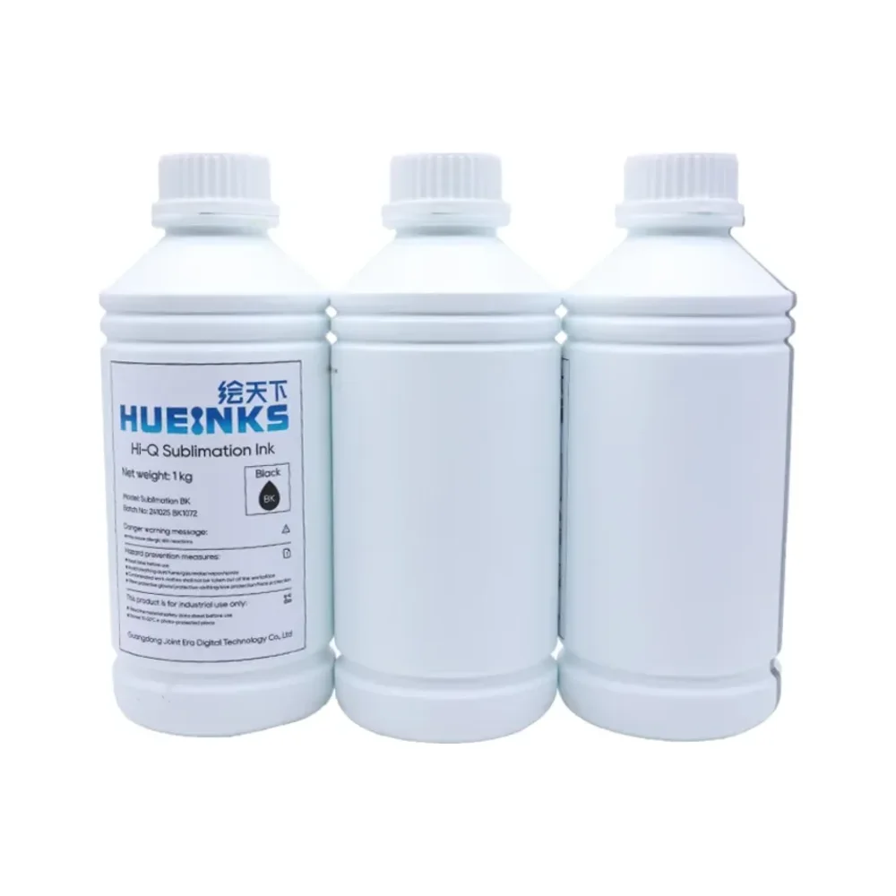 Three 1 kg bottles of Hi-Q sublimation ink standing together on a white background