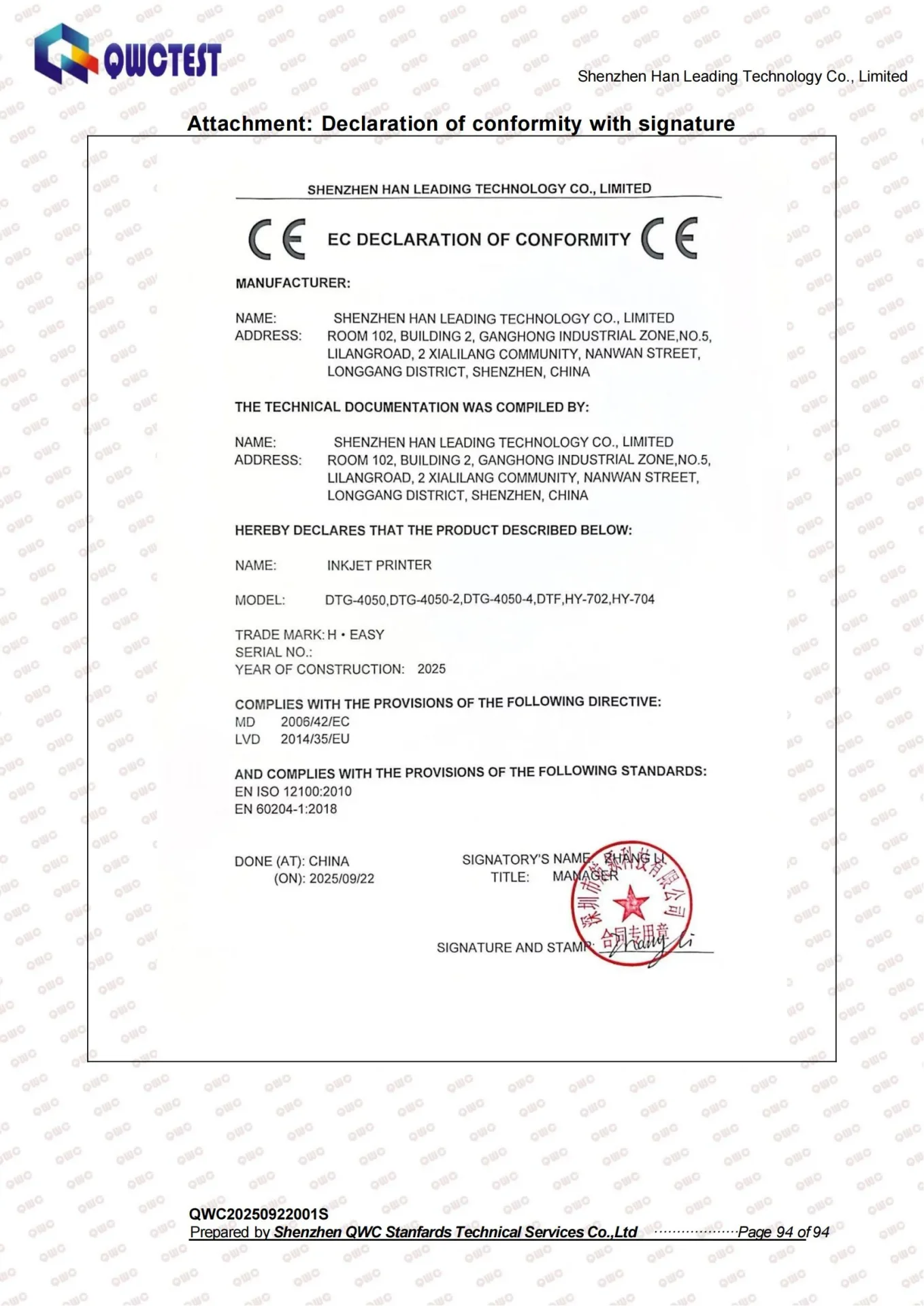 Certificado de conformidad de producto de H·EASY