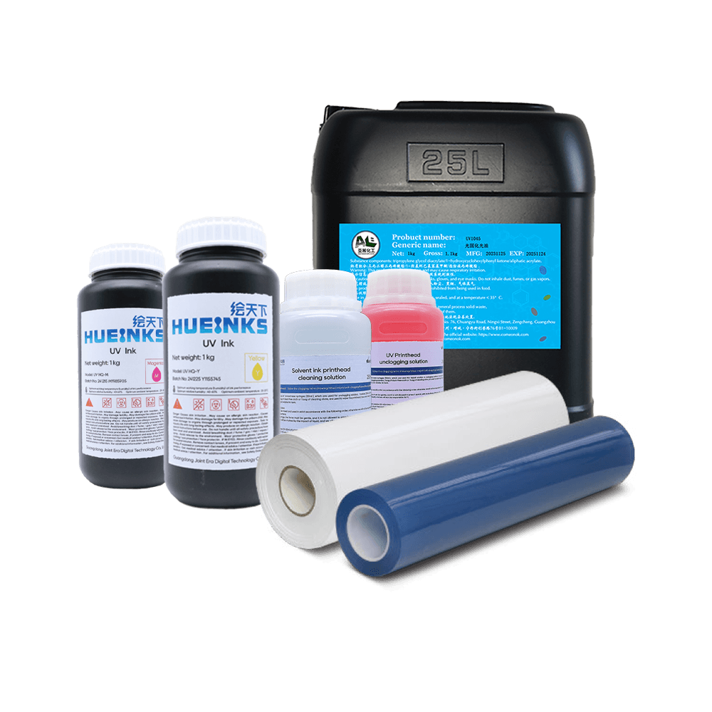 Impresora UV-DTF HY-401 30UV de 30 cm, Insumos UV-DTF compatibles · color, blanco, barniz y película A/B