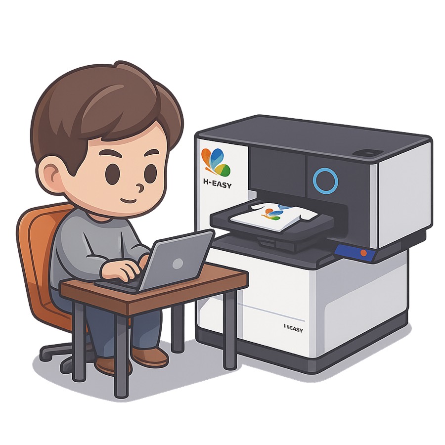 Ilustración de un operario preparando un diseño junto a una impresora de prendas