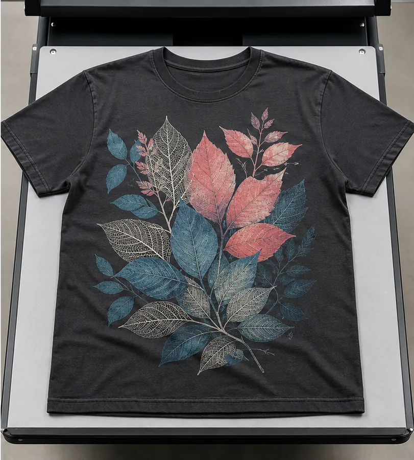 Cotton T-shirt on a DTG platen with a detailed botanical print