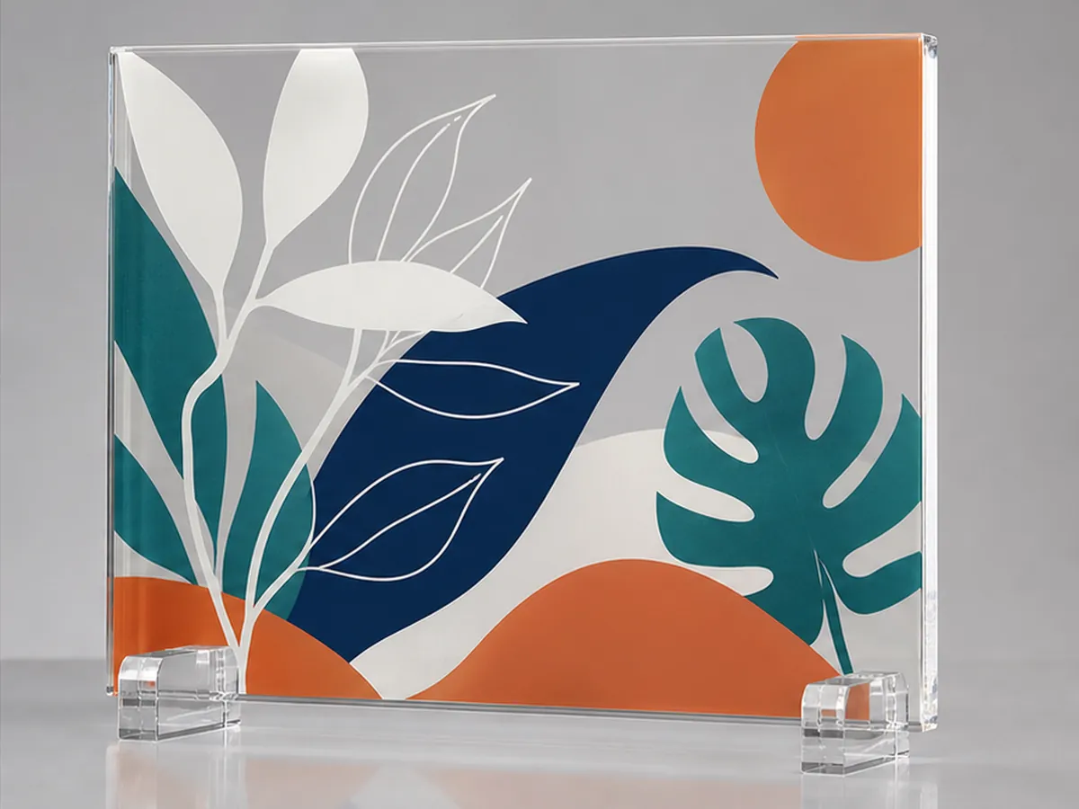 Finished UV print. The matched view visualizes opaque color built with white and color layers on acrylic.