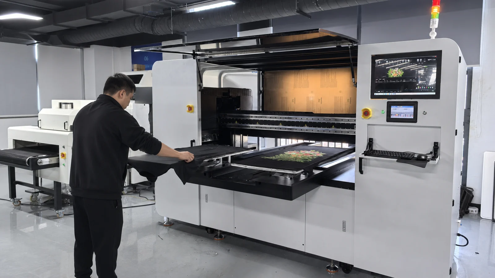 Operator loading one HY 2D DTG platen while the second station holds a printed garment