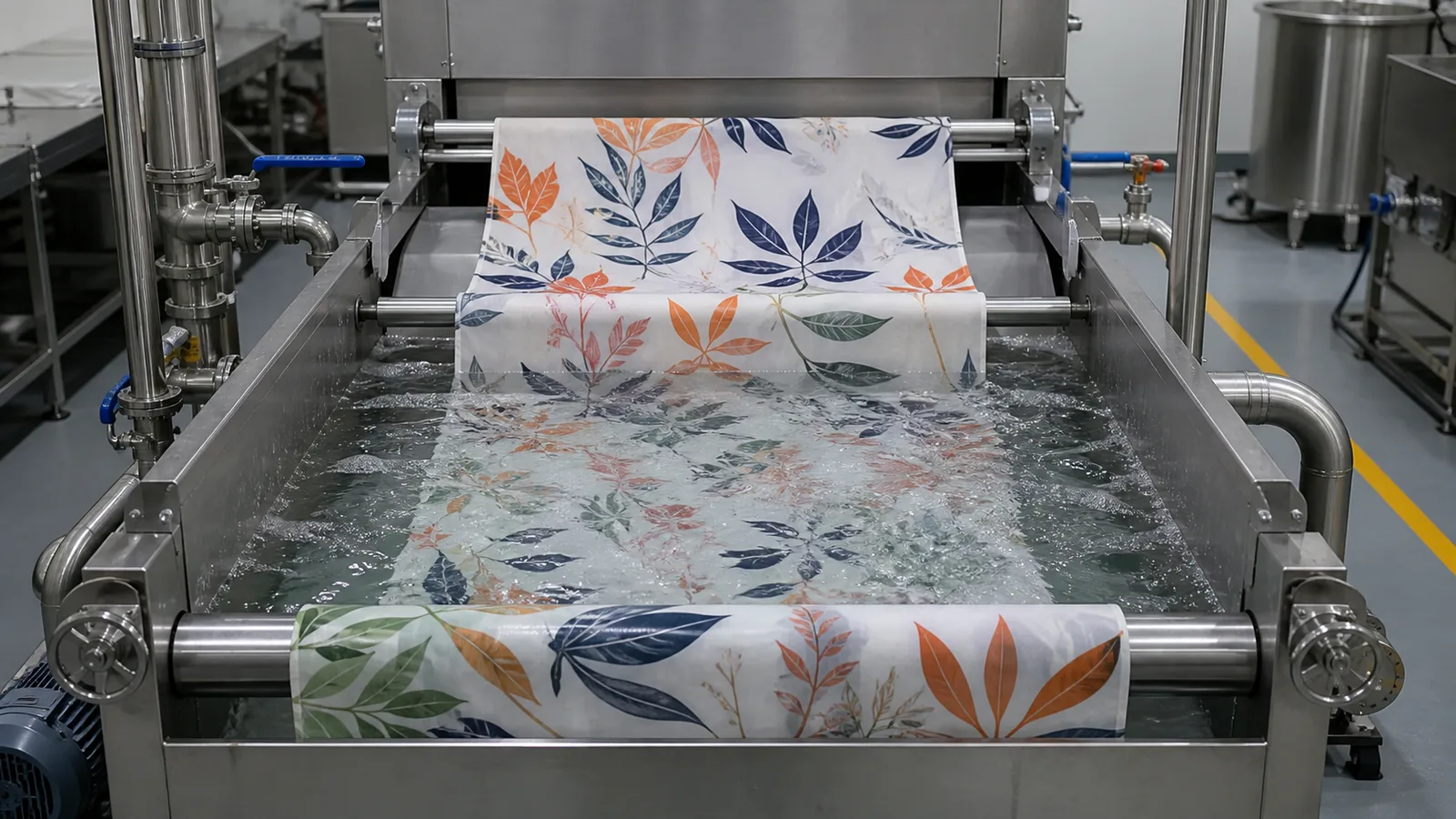 Printed cotton fabric passing through a conventional wash-and-rinse stage