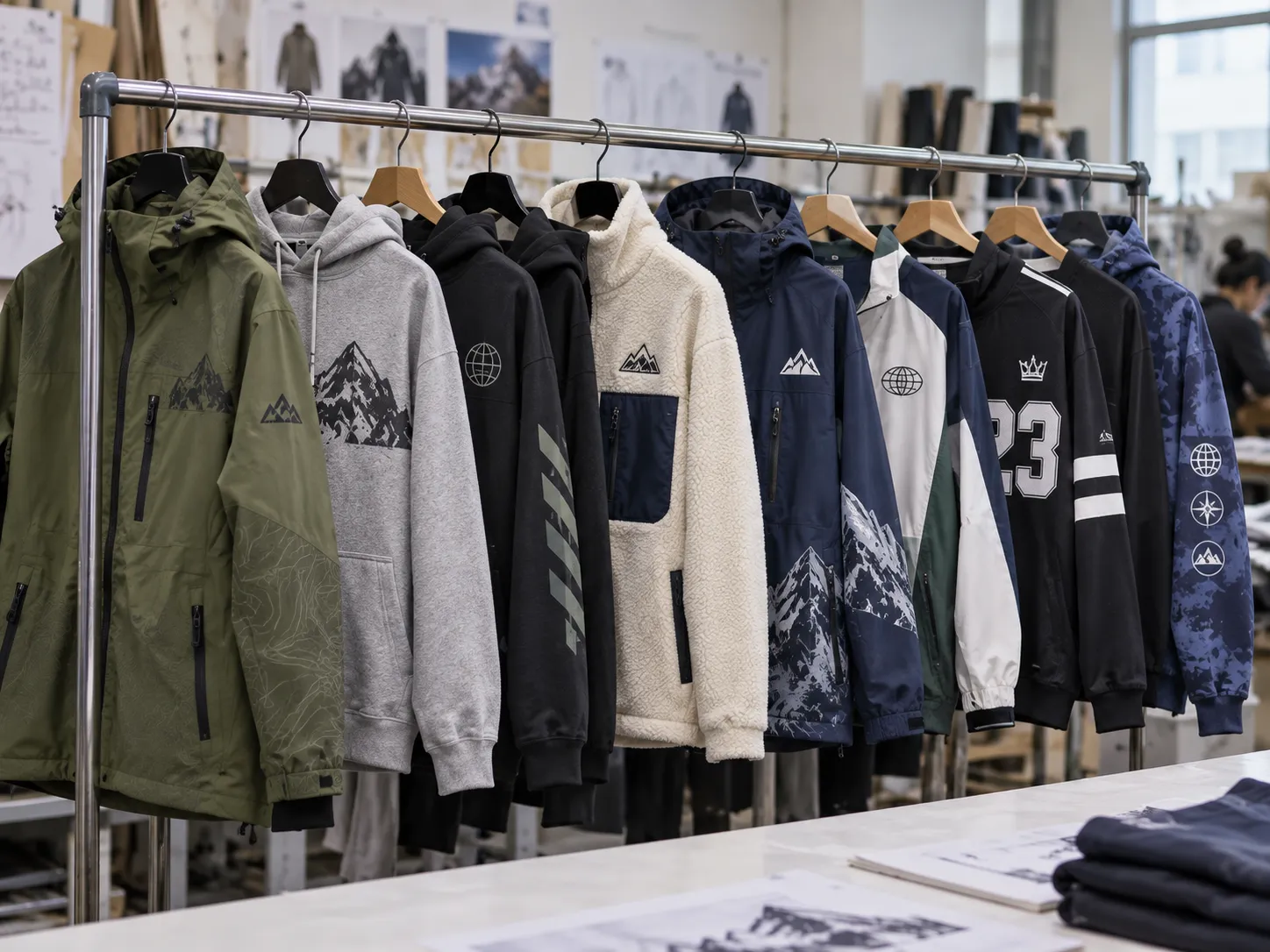 Hoodies and jackets displayed on clothing racks for autumn and winter apparel
