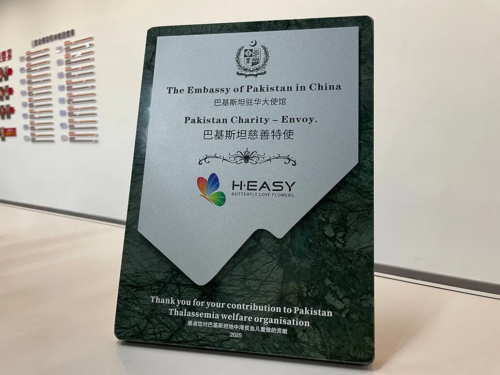 Placa de reconhecimento da Embaixada do Paquistão agradecendo à H·EASY por sua contribuição beneficente